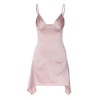 Solid v neck pleated backless cami mini dress