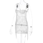 Tassels low cut see through lace solid backless cami mini dress