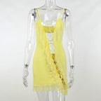 Lace up ruffle hollow out backless cami mini dress