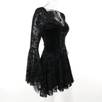 Flared sleeve velvet lace up solid patchwork mini dress