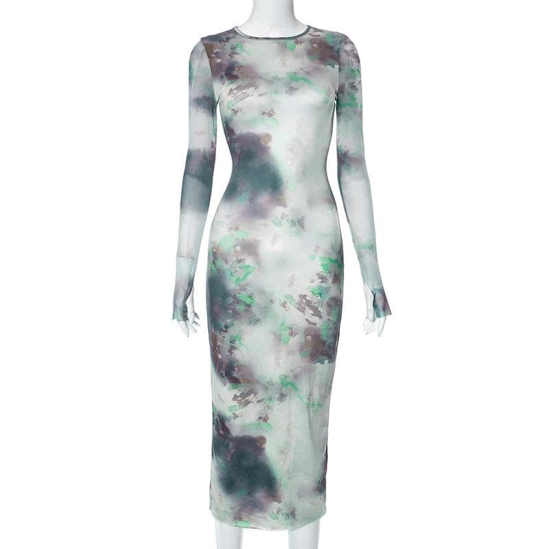 Long sleeve crewneck tie dye mesh gloves contrast midi dress