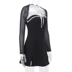 Long sleeve bowknot mesh shrug slit zip-up glitter 2 piece mini dress