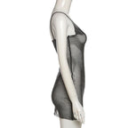 Beaded V neck sheer mesh see through mini dress