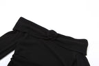Flower applique off shoulder long flared sleeve slit mini dress