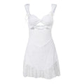 Textured knotted cap sleeve solid hollow out lace up ruffle mini dress