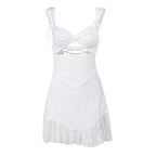 Textured knotted cap sleeve solid hollow out lace up ruffle mini dress