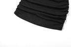 Halter lace hem ruched cowl neck backless solid mini dress
