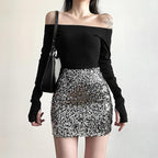 Glitter patchwork off shoulder gloves mini dress