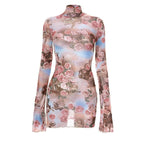 Flower print long sleeve slit sheer mesh see through high neck mini dress