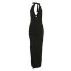 V neck hollow out ring slit solid maxi dress