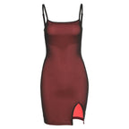 Mesh slit square neck irregular backless cami mini dress