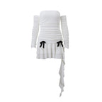 Long sleeve off shoulder ruched bowknot backless ruffle mini dress