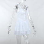 Button patchwork chiffon ruffle low cut mini dress - Final Sale