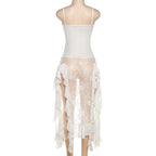 Lace patchwork square neck ruffle solid cami mini dress