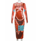 Plaid contrast body print long sleeve crewneck midi dress