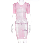 Fishnet hollow out lace up short sleeve solid mini dress