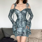 Long sleeve tie dye off shoulder ruched sweetheart neck self tie backless mini dress