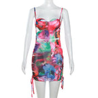 Hollow out flower print drawstring contrast cami mini dress