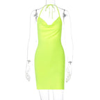 Solid cowl neck halter backless slit mini dress
