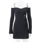 Long sleeve off shoulder textured hollow out cami mini dress - Final Sale