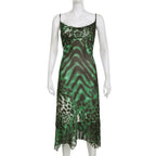 Leopard print cowl neck contrast ruffle backless mesh maxi dress