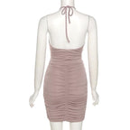 Hollow out ruched halter tie back bodycon dress