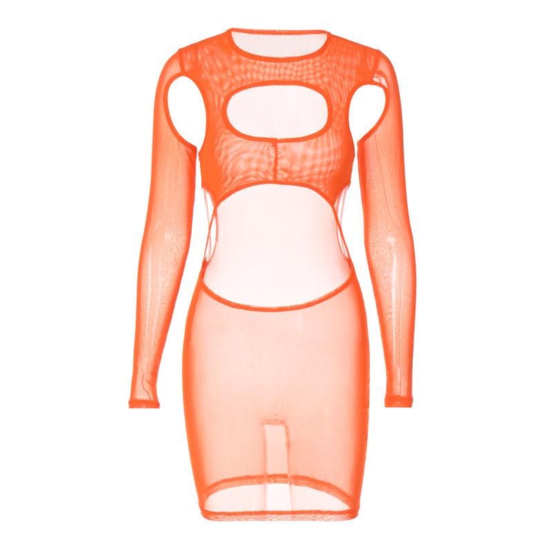 Long sleeve hollow out sheer mesh see through mini dress