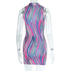 Contrast striped print turnover collar v neck sleeveless mini dress