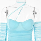 Solid ruched halter mesh long sleeve off shoulder mini dress
