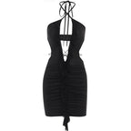 Hollow out solid cross front halter ruffle ruched mini dress