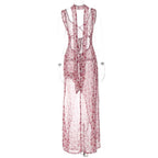 Chiffon flower print contrast backless v neck sleeveless maxi dress