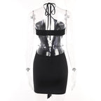 Hollow out solid cross front halter ruffle ruched mini dress