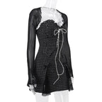 Long sleeve mesh plaid bowknot lace up shrug 2 piece mini dress