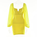 Mesh solid long sleeve ruched notch neck zip-up mini dress