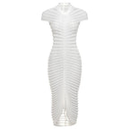 Knitted solid short sleeve crewneck see through maxi dress