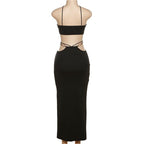 Cross front hollow out o ring backless low cut maxi dress