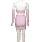 Gloves flower applique mesh patchwork ruched tube mini dress
