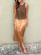 Melanie Minimalist Sleeveless Cotton and Linen Long Dress with Slit and Gradient Tie Dye Boutique Collection