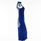 Textured solid zip-up ruffle high neck sleeveless midi dress