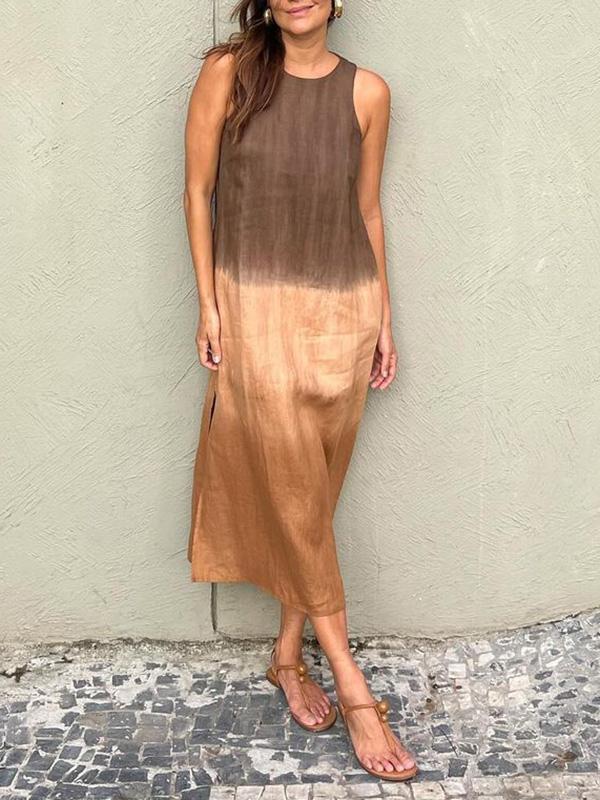 Melanie Minimalist Sleeveless Cotton and Linen Long Dress with Slit and Gradient Tie Dye Boutique Collection