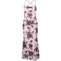 Flower print contrast cross back lace up backless midi dress