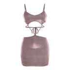 Low cut v neck textured hollow out self tie cami mini dress