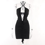 Hollow out solid cross front halter ruffle ruched mini dress
