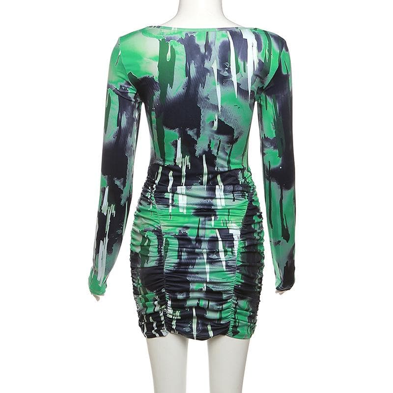 Ruched contrast print long sleeve sweetheart neck mini dress