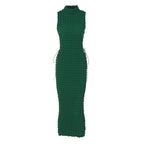 High neck lace up side solid waffle sleeveless midi dress