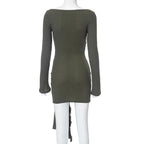 Textured o ring hollow out long sleeve self tie mini dress