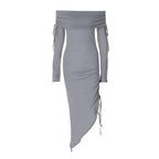 Drawstring off shoulder irregular long sleeve solid midi dress