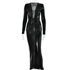 Ruched textured long sleeve v neck knotted maxi dress