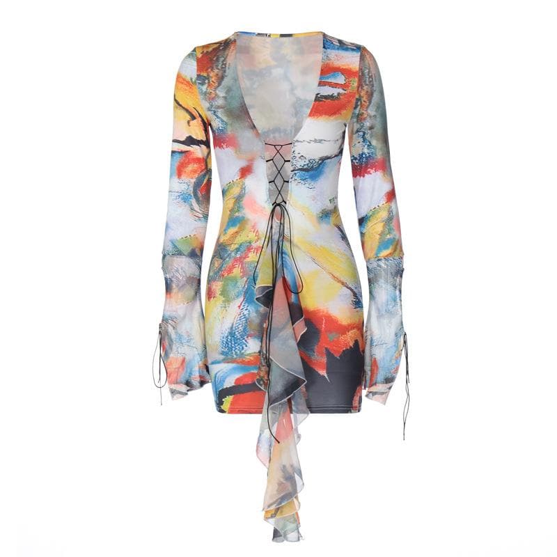Lace up contrast flared sleeve self tie tie dye mini dress