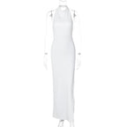Slit halter sleeveless solid backless ruched maxi dress